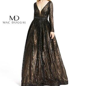 MAC DUGGAL 67103 LONG SLEEVE CHEVRON SEQUIN BLACK/NUDE GOWN sz 4